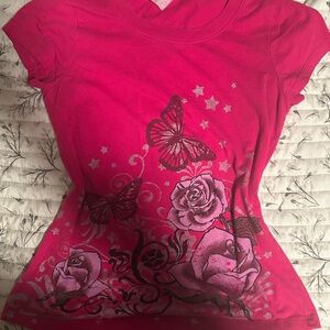 Vibrant Pink Butterfly and Rose Graphic Tee